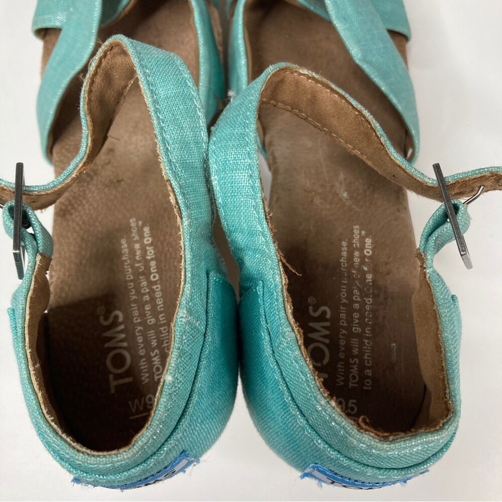 3/$30 Toms | Shimmery Aqua Cross Strappy Platform Cork Heels 9.5 - Picture 8 of 10